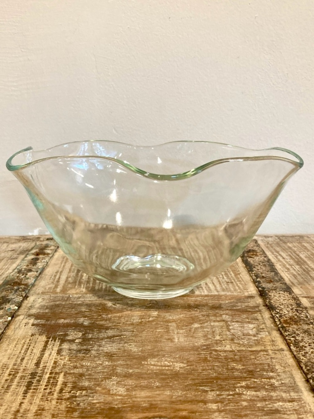 Clear Scalloped Glass Serving Bowl Ruffle Edge 10” Across Green Tint